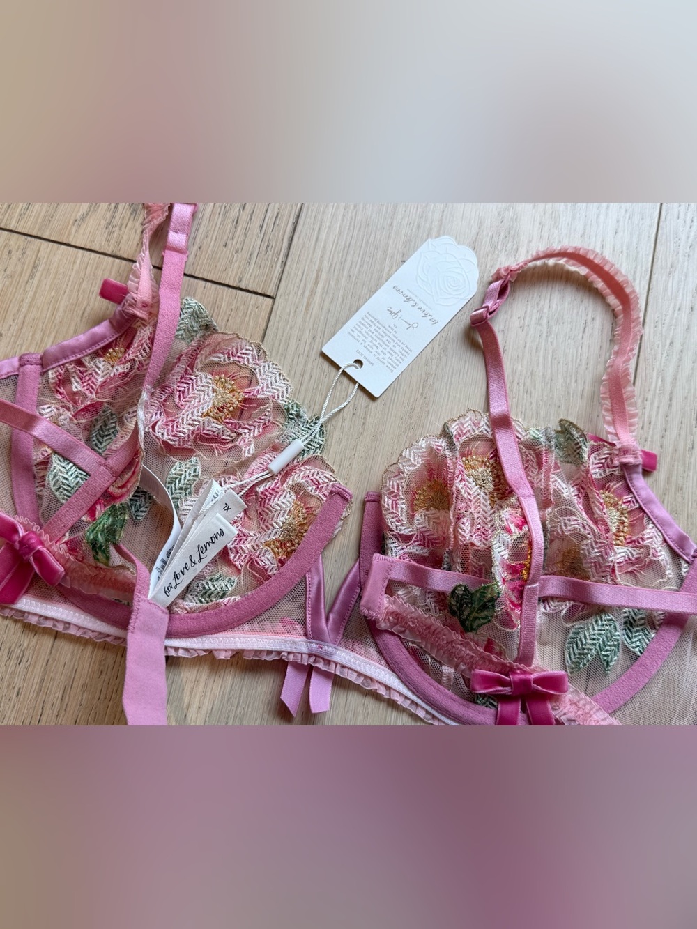 RARE For Love & Lemons Floral Embroidered Sheer Lace Underwire Bra Pink XL NWT - Picture 6 of 7